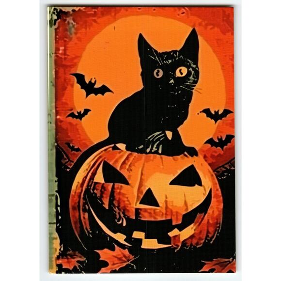 Vintage Halloween Postcard Black Cat on Jack-O'-Lantern Pumpkin - Picture 1 of 2